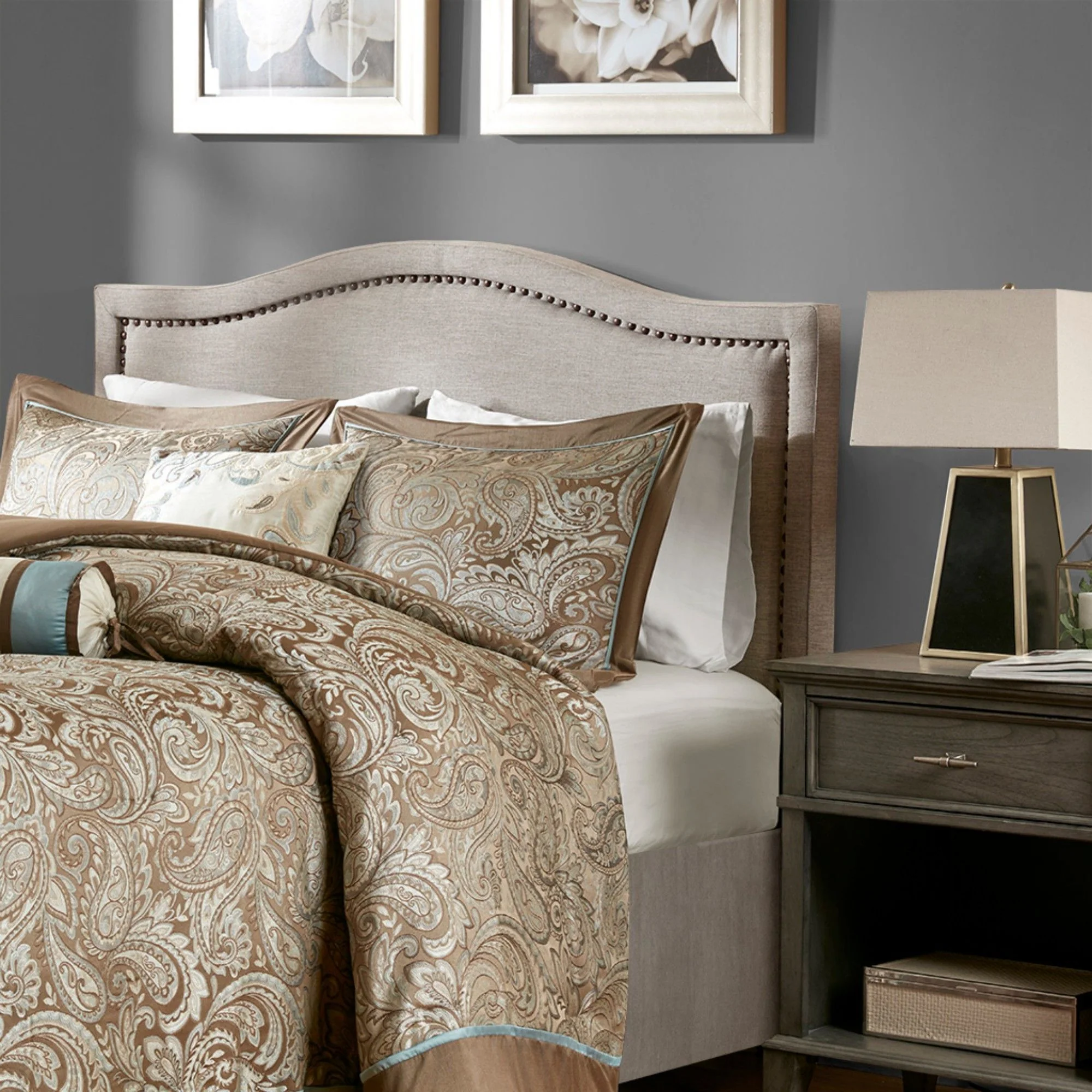 Elegant Panel Headboard With Copper Nailheads And Adjustable Metal Legs - Image 4