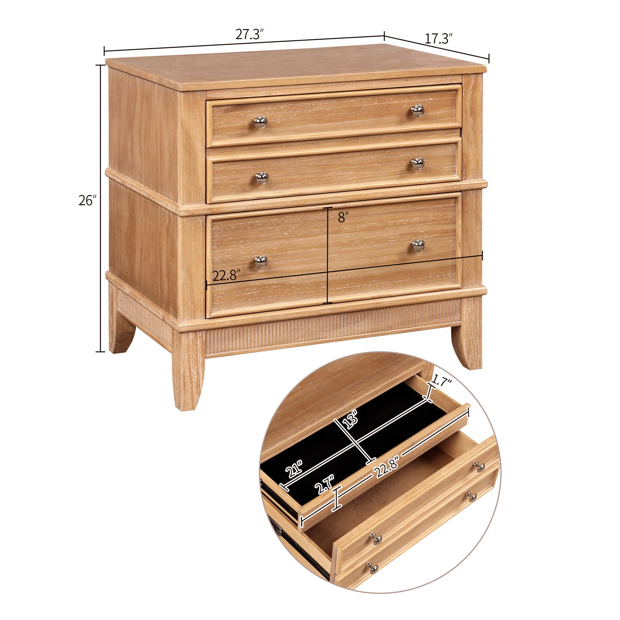 Hazel - 3 Drawer Side Table For Living Room, Hallway, Entryway Solid Wood With Silver Handles - Natural - Image 4