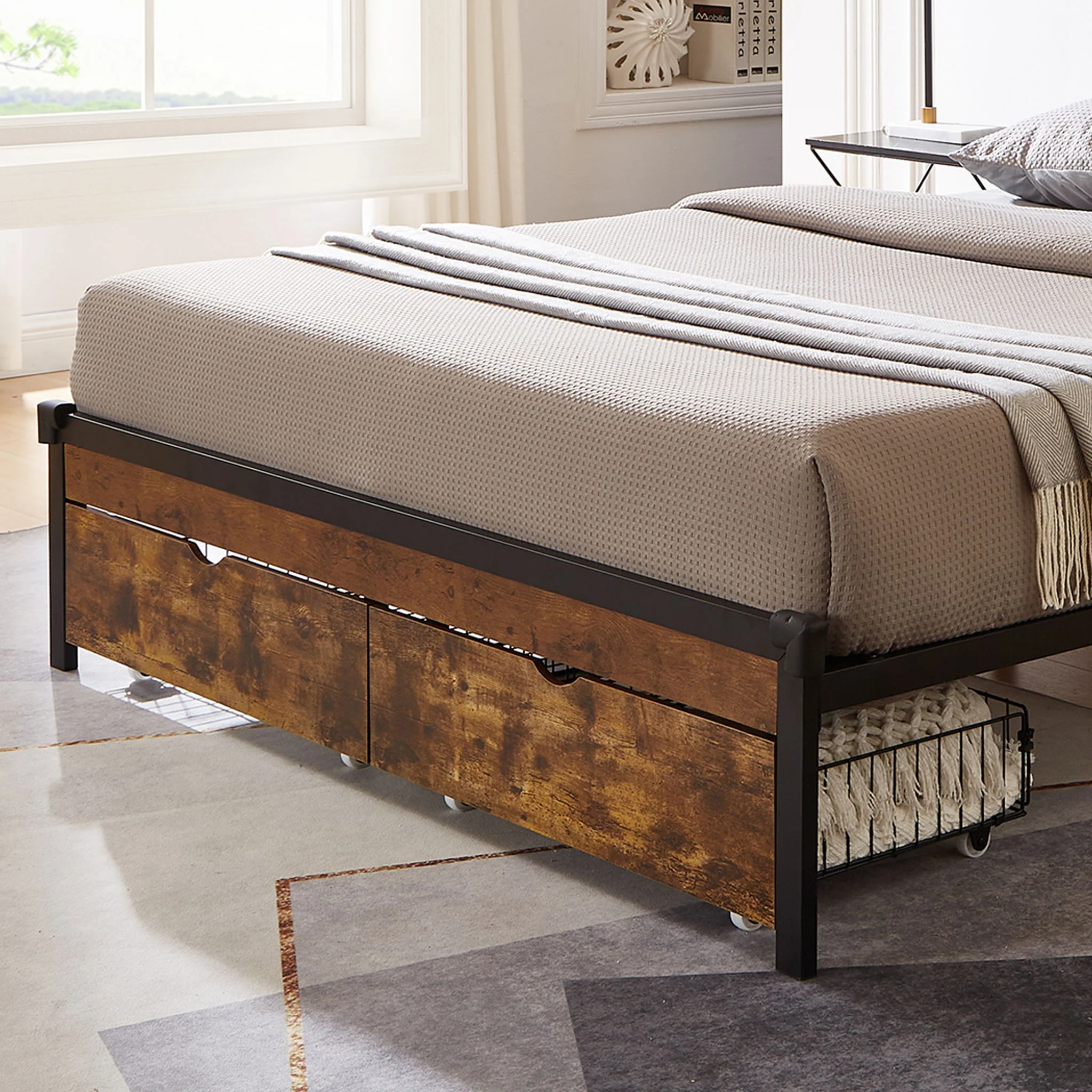 Modern Style Full Bed Drawers With Wheels Storage Solution - Brown / Black - Image 3