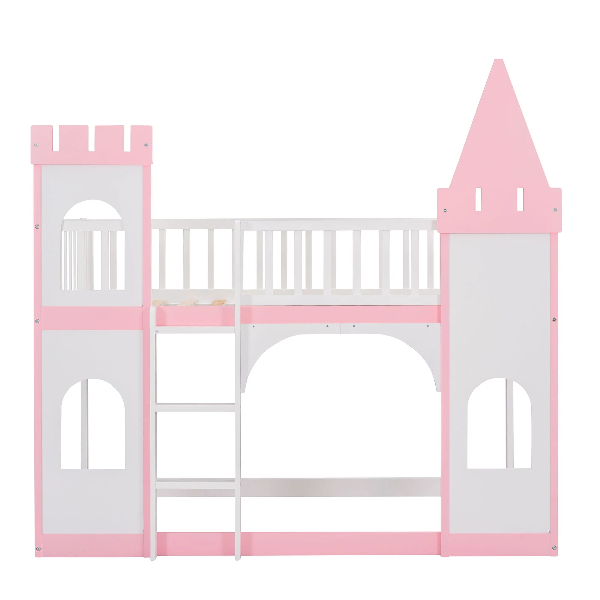 Twin Over Twin Castle Bunk Bed With Ladder - Pink - Image 4